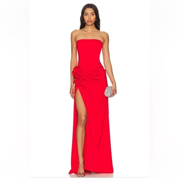NBD Dresses & Skirts - NBD Jake Gown red bustier corset strapless maxi rosette prom event Revolve XS